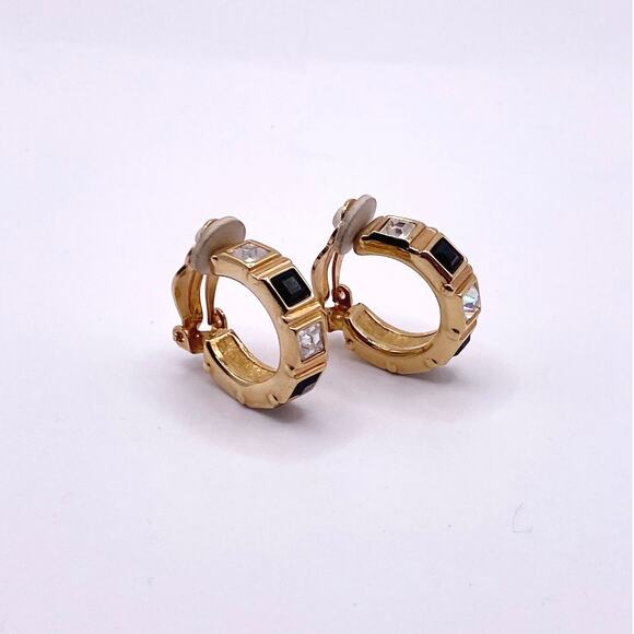 Swarovski Vintage Clip On Earrings Hoops with Black and White Crystals 1” - Picture 7 of 7